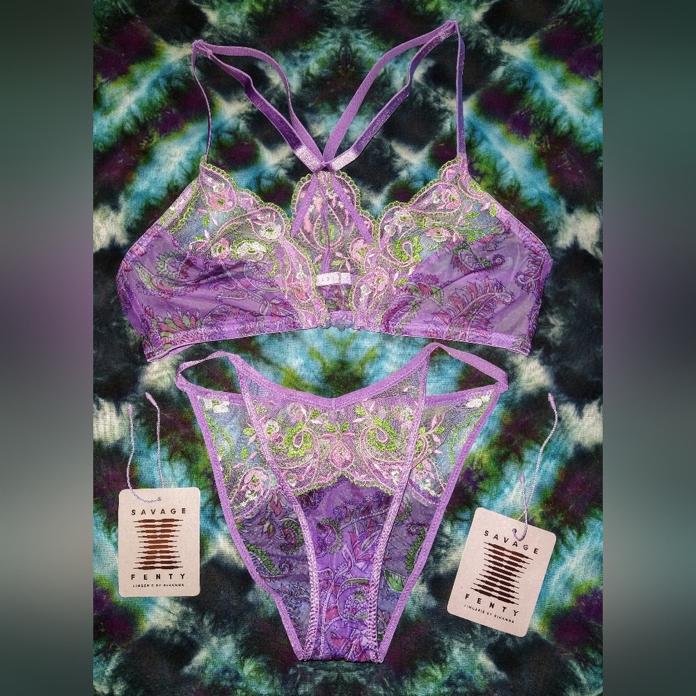 SavageXFenty Boho Purple Paisley Embroidered Bralette & String Bikini Set~Sz XS